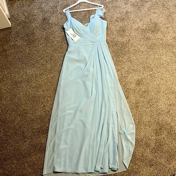 princess polly baby blue dress Modest Sky Blue Satin Bridesmaid Dresses Tea Length main image 1